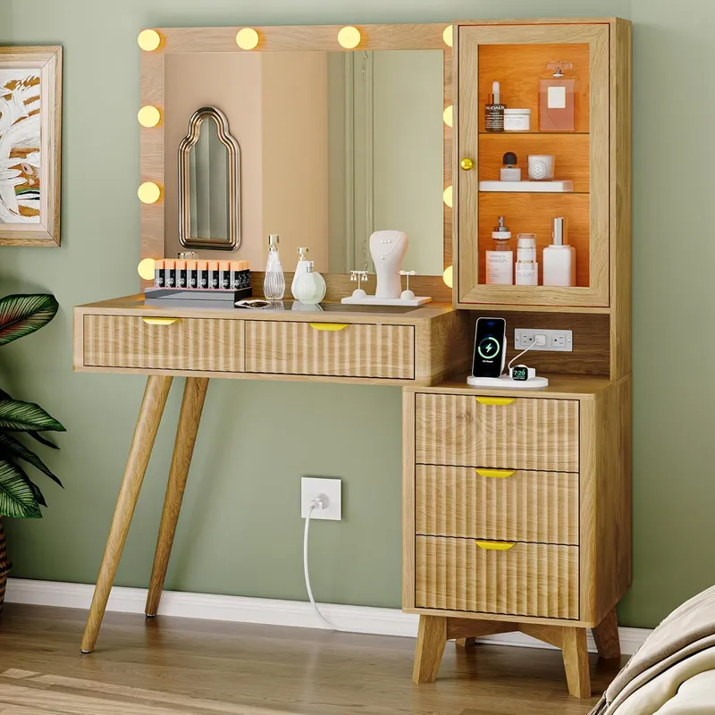 Xixini Fluted Vanity Desk with Mirror and Lights