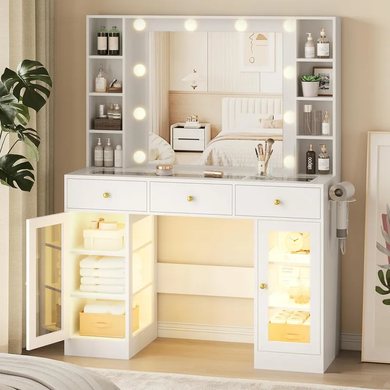 Xixini Glass Top Vanity Table Set with Drawers & Power Outlet