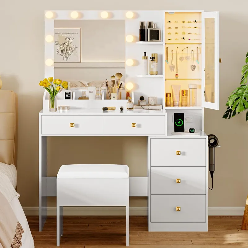 Xixini Makeup Vanity Table Set with 5 Storage Drawers