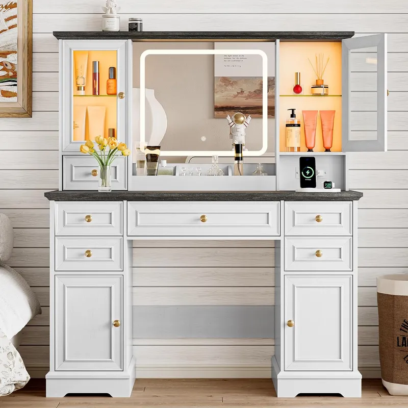 Xixini Vanity Desk with HD Lighted Mirror & Power Outlet