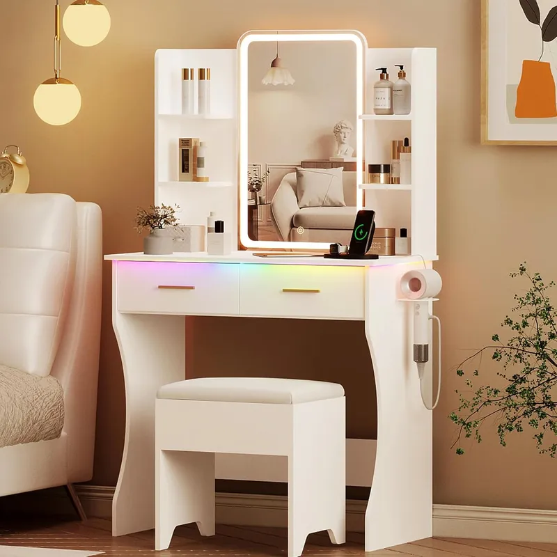 Xixini Vanity Desk with LED Lights Mirror & Power Outlet