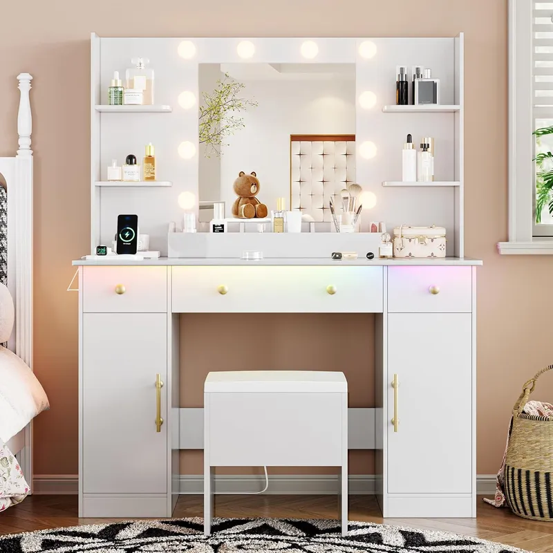Xixini Vanity Desk with Mirror and Lights, 43 Inch